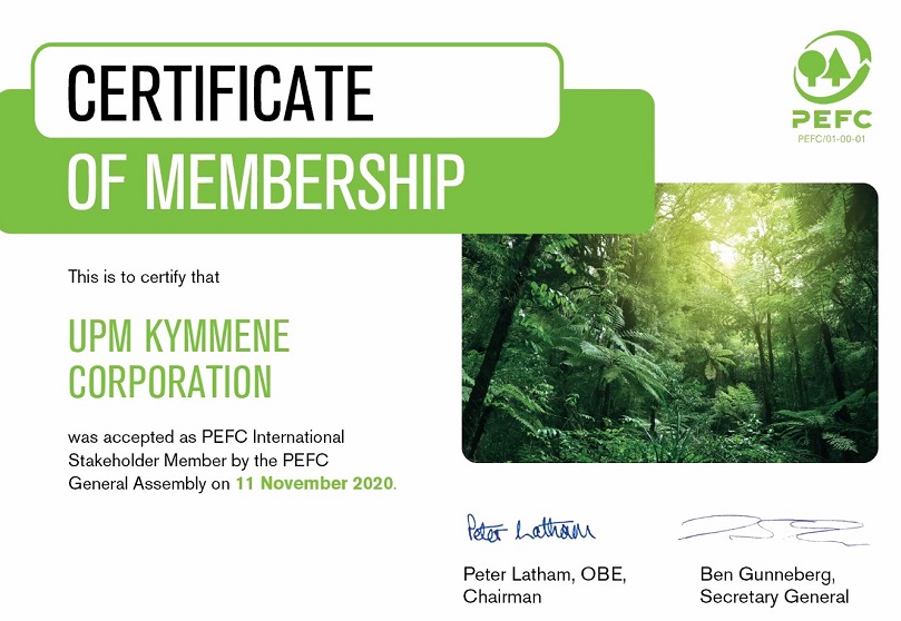 UPM Kymmene joins PEFC as an international stakeholder member